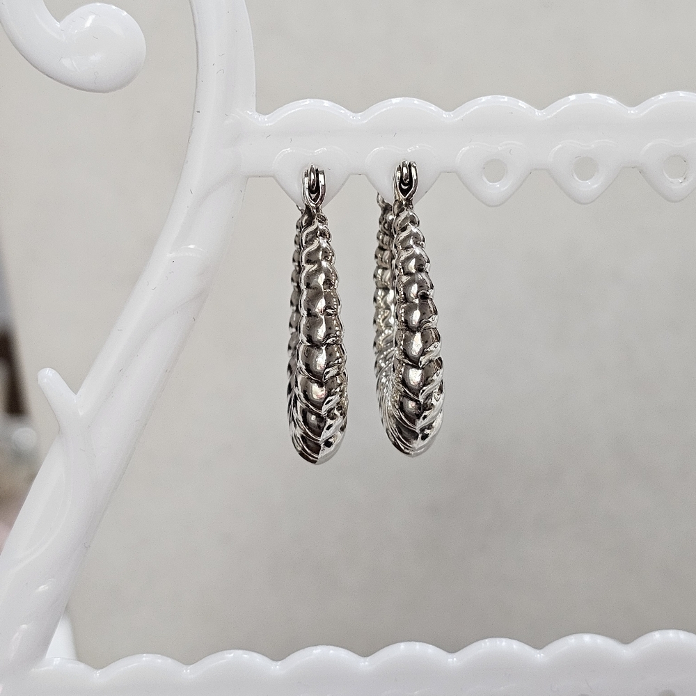 Vintage Chunky Ribbed Silver Oval Shrimp Hoop Earrings 925 - Picture 5 of 9